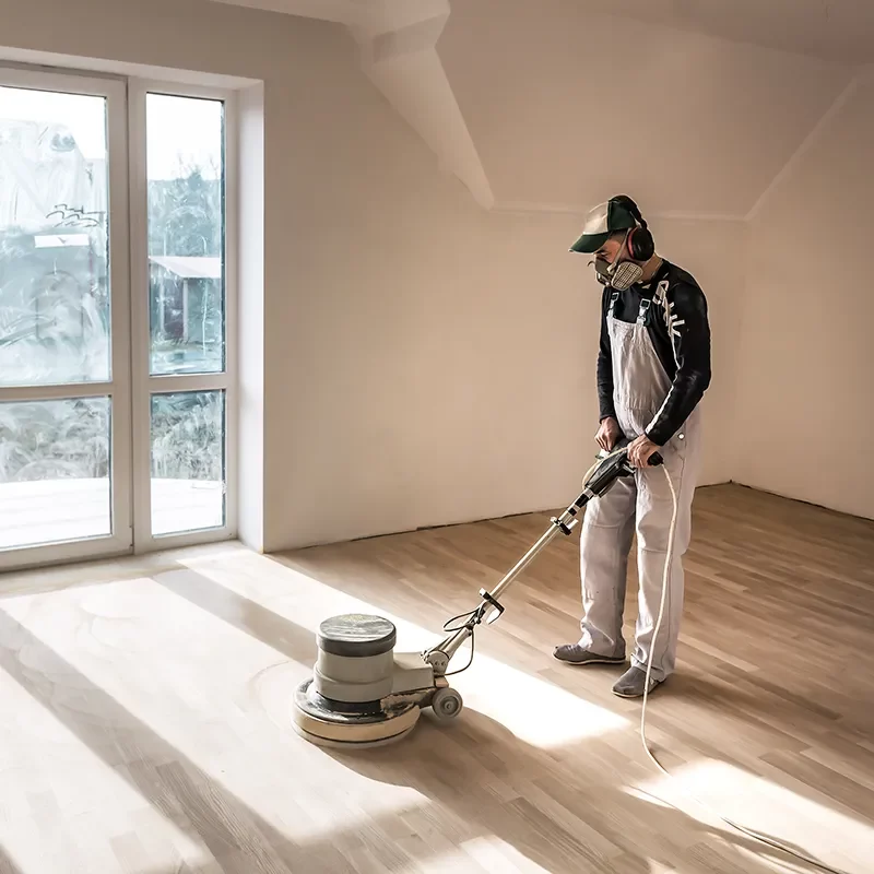 Worker resurfacing hardwood flooring in living space | All Floors Design Centre